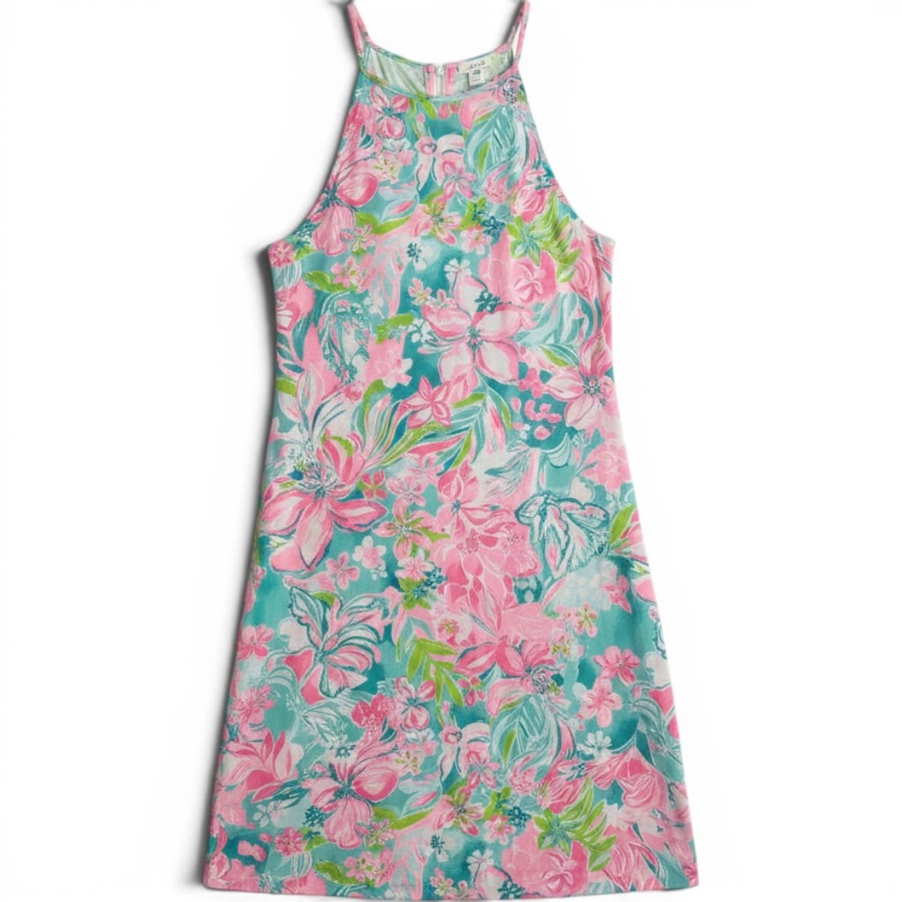 Lilly Pulitzer Margot Dress Floral Halter Dress Pink Blue Tassel Back Cotton Med
